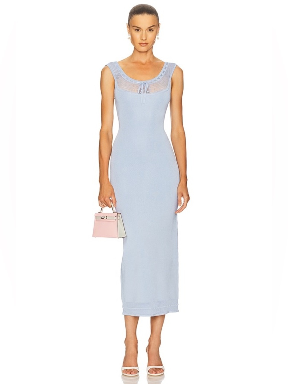 Helsa Brie Sky Blue Knit Bow Neckline Midi Dress REVOLVE
